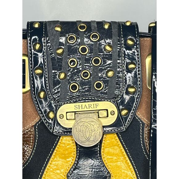 1980s Original by Sharif LEATHER & SUEDE HANDBAG Blue Brown Shoulder Purse Y2k - Picture 7 of 10